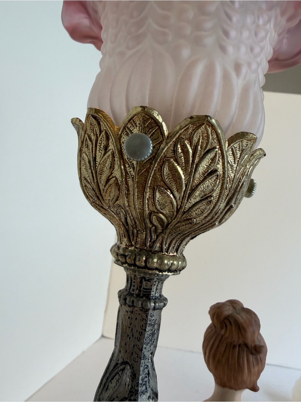 Vintage Victorian Lady Figurine Table Lamp Pink Floral Glass Boudoir Cottagecore - Picture 8 of 13